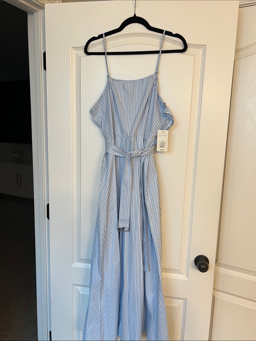 Light Blue Striped  Dress with Self-Tie Waist